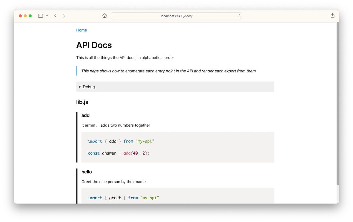 The docs page listing out each entry-point and each named export in them.