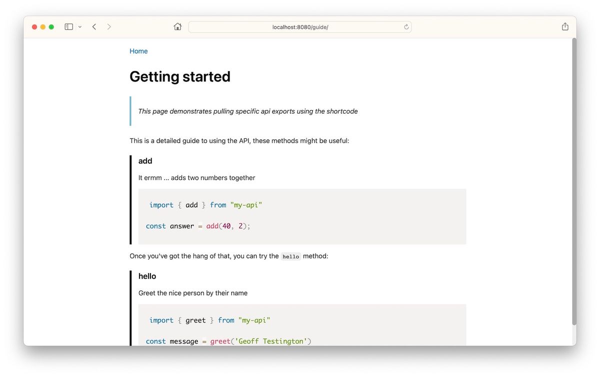 The guide page with some crafted notes and JSDoc snippets embedded in-between.